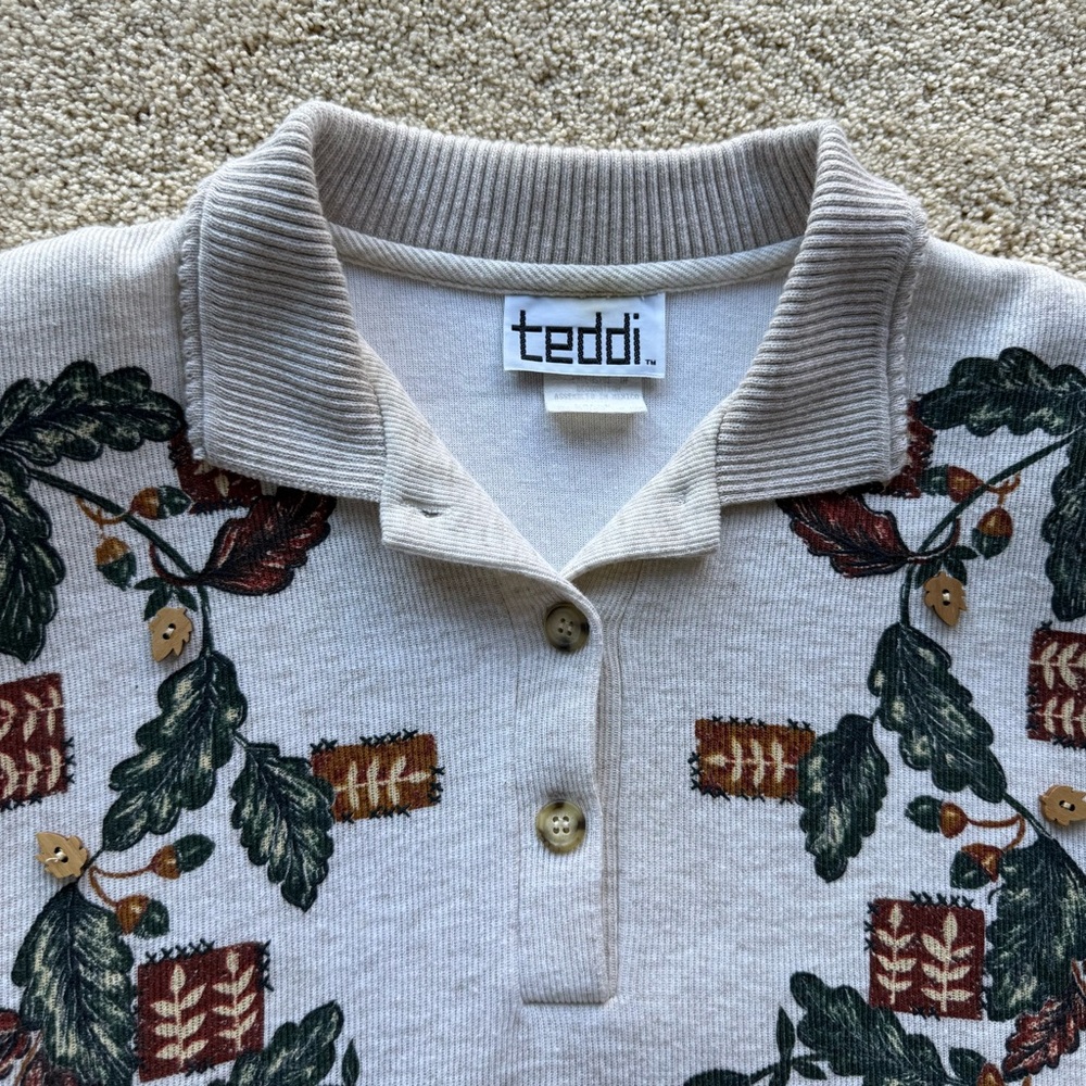 Vintage Teddi Cottagecore Sweater Nature Print Collared 90s Shoulder Pads L - Picture 2 of 12